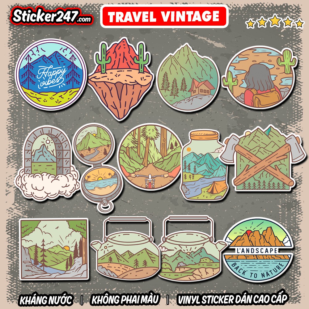 Sticker Travel Vintage 𝑭𝒓𝒆𝒆𝒔𝒉𝒊𝒑 chống nước, sticker dán laptop, điện thoại, đàn guitar, mũ bảo hiểm, vali, ipad