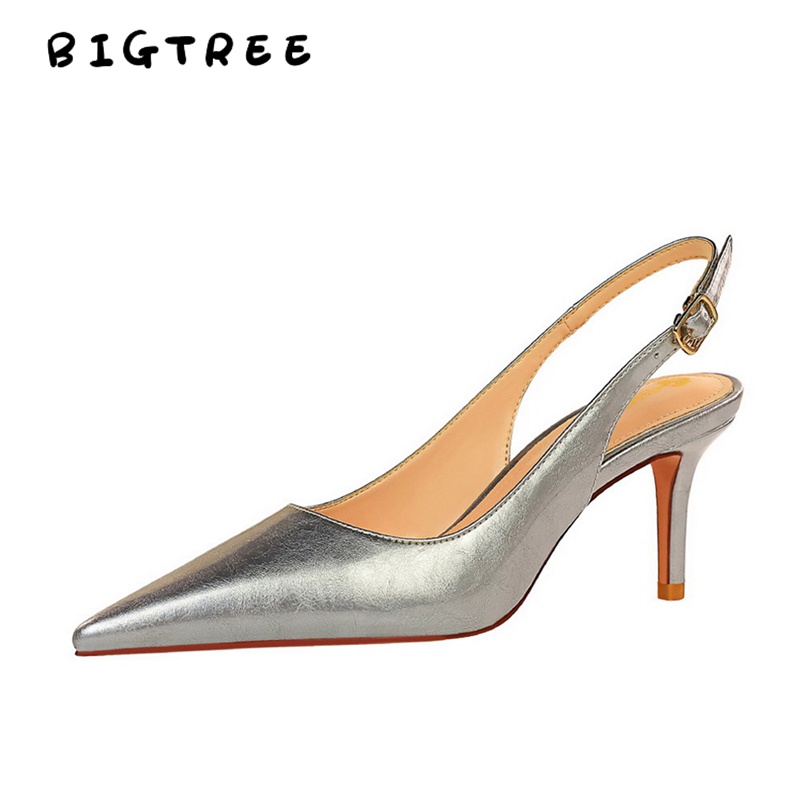 Giày cao gót BIGTREE 8999-1 gót 7cm mũi nhọn dây da bóng sành điệu kích thước lớn cho nữ