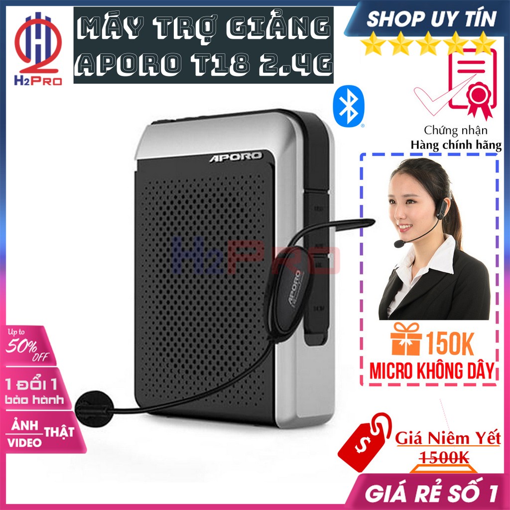 Máy Trợ Giảng Không Dây, Loa Trợ Giảng Aporo T18 2.4G Cao Cấp, Bluetooth 5.0-Usb-Thẻ Nhớ-Đài Fm-Micro Ko Dây-H2Pro Audio