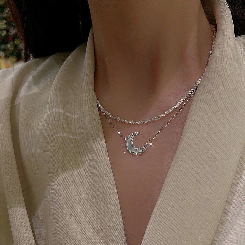 Vòng cổ Bạc Mặt Hình Mặt Trăng Đính Đá Sang Trọng Thanh Lịch Dành Cho Nữ