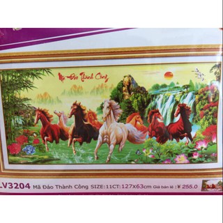 Tranh thêu mã đáo thành công 8 con ngựa 3D LV3204 (127x63) Chưa thêu