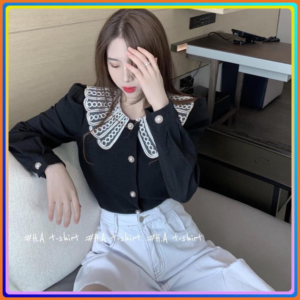 Áo sơ mi nữ, chất vải cao cấp, áo kiểu cổ phối ren, tay bồng, đính hạt phong cách thời trang thanh lịch, sang trọng