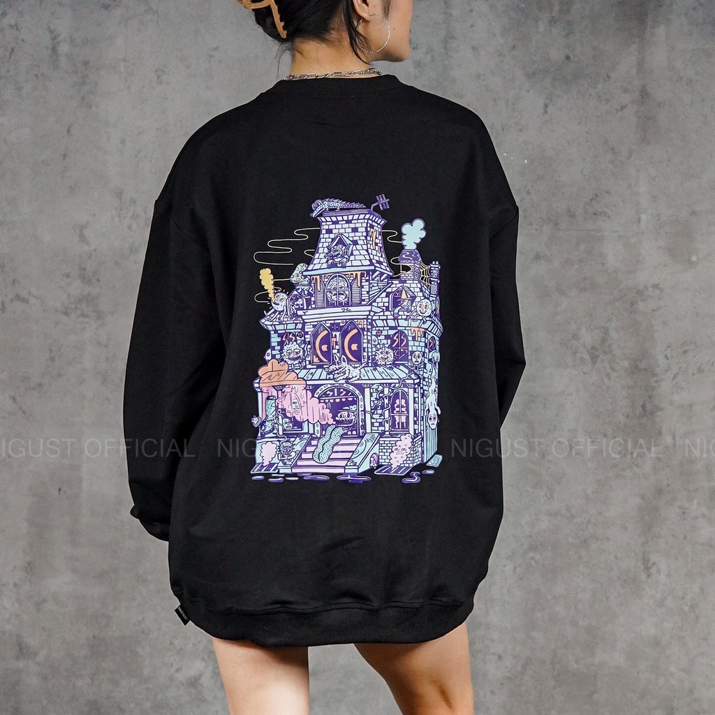 Áo sweater nam nữ local brand NIGUST 88 Spook House N212 chất liệu nỉ da cá form rộng màu đen trắng Fullbox