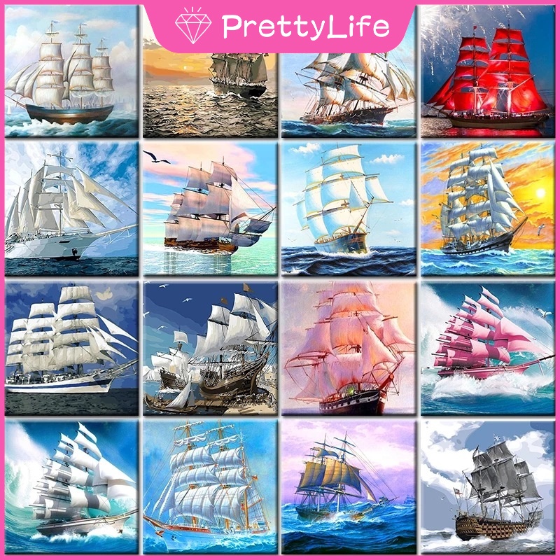 Bộ Tranh Đính Đá 5D Tự Làm 50X40Cm Hình Thuyền Buồm Trang Trí Nhà Cửa
