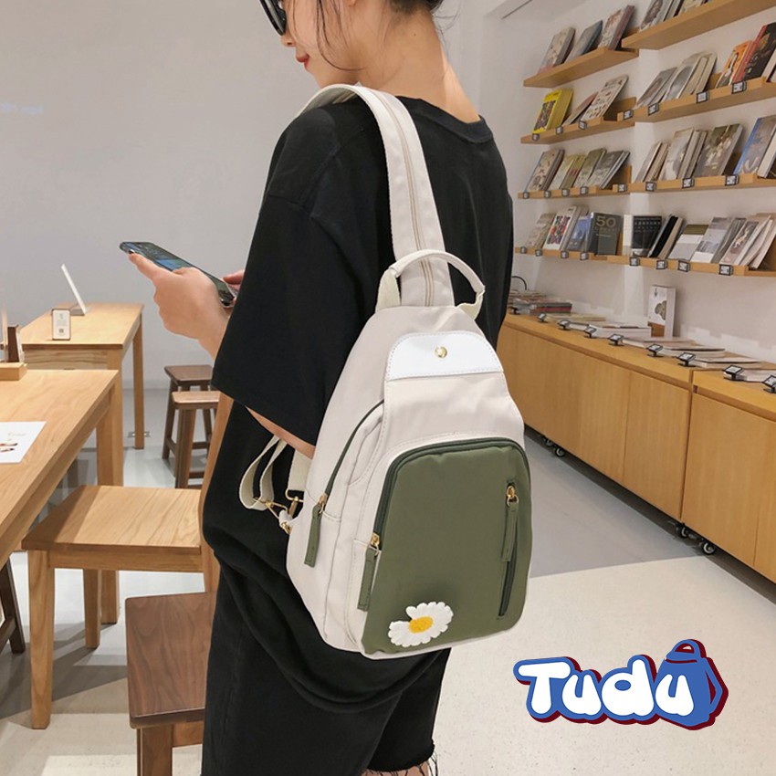 Balo Mini Tudu, Ba Lô Nữ Kết Hợp Túi Đeo Chéo Thời Trang Phong Cách Hàn Quốc Kèm Sticker Hoa Cúc CN163 Xanh Rêu