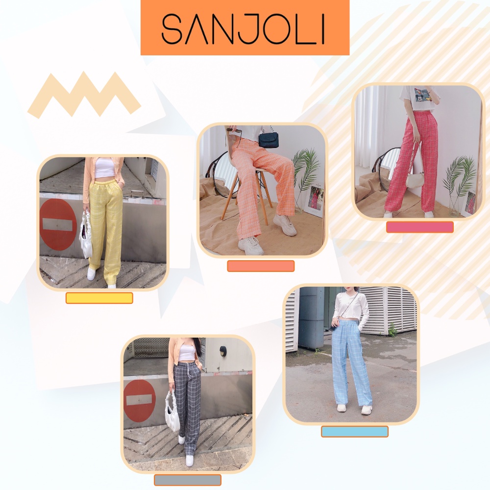 Quần Kẻ Sọc Caro Kẻ Nữ Ống Rộng Lưng Cao Quần Baggy Unisex Dáng Suông Form Dài Cạp Chun Đi Học Đẹp SANJOLI QD003