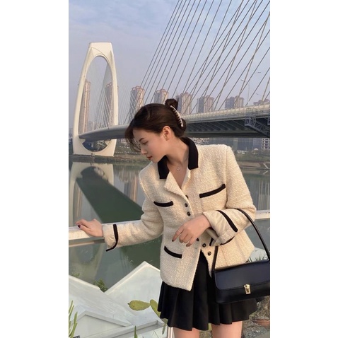 Áo khoác dạ cổ vest phối màu