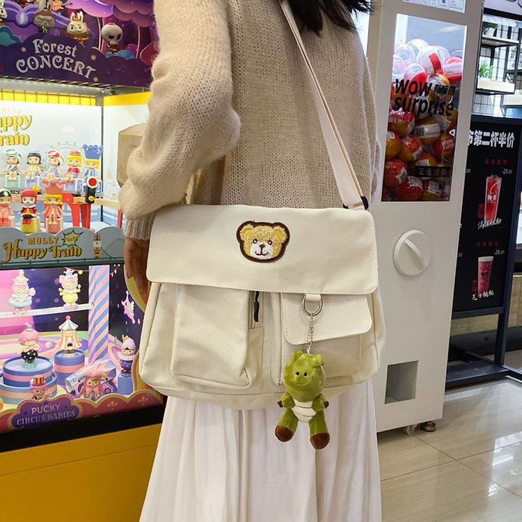 Túi đeo chéo HAZIN vải canvas thêu Gấu cao cấp đi học đi chơi đựng vừa khổ a4 phong cách unisex phù hợp cả nam và nữ