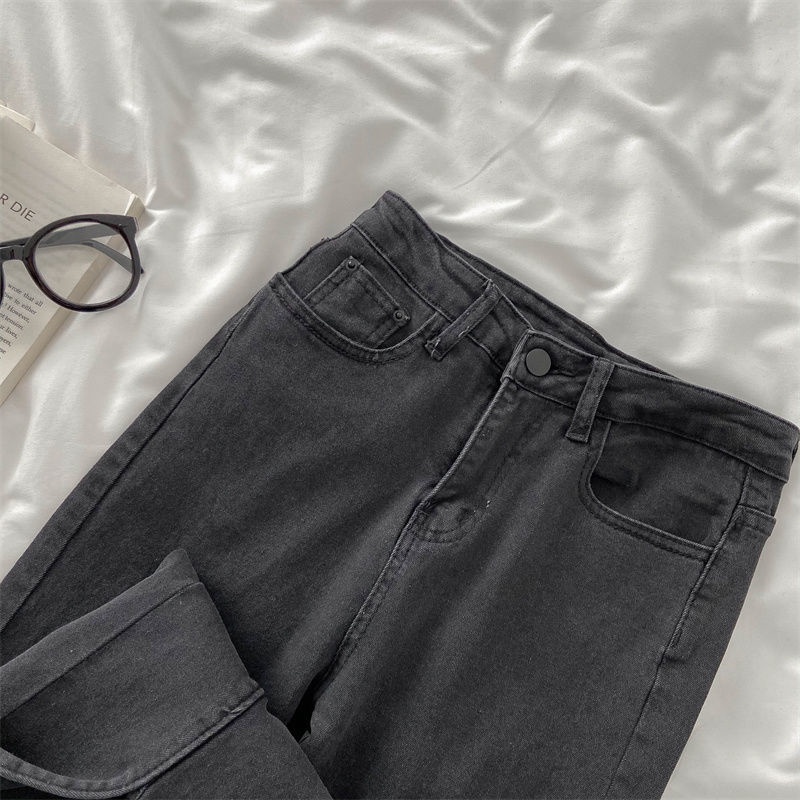 Jiashucheng Quần Jean Lưng Cao Ống Loe Xẻ Tà Thời Trang Đường Phố Cho Nữ