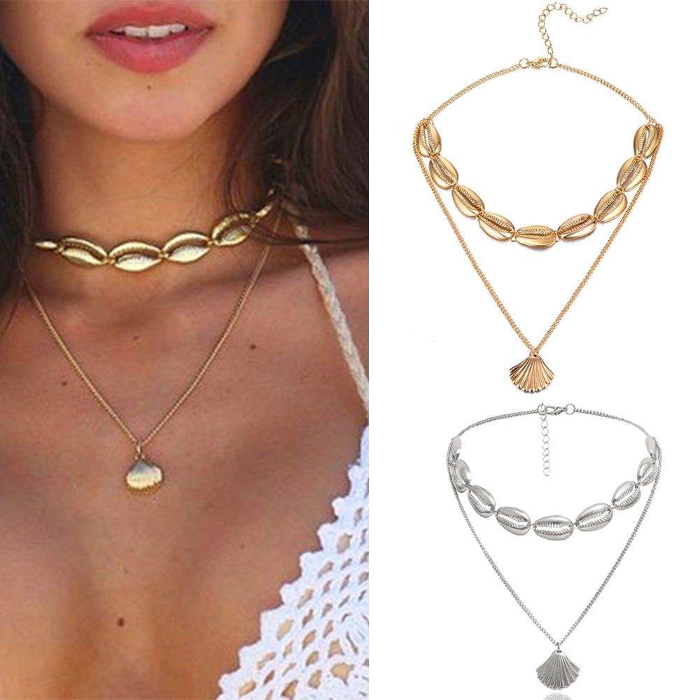 Vòng Cổ Choker Nhiều Lớp Mặt Vỏ Sò Màu Vàng / Bạc Thời Trang Mùa Hè Cho Nữ