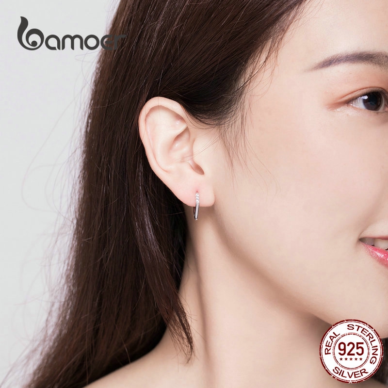 Khuyên Tai Dạng Vòng Bamoer Hình Chữ V Đính Đá Lấp Lánh Dành Cho Nữ