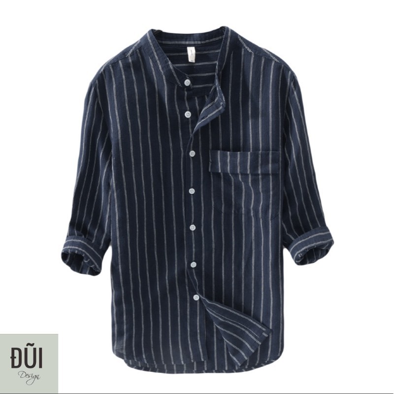 Áo đũi (linen) nam cài khuy kẻ xanh đen M11 Đẹp