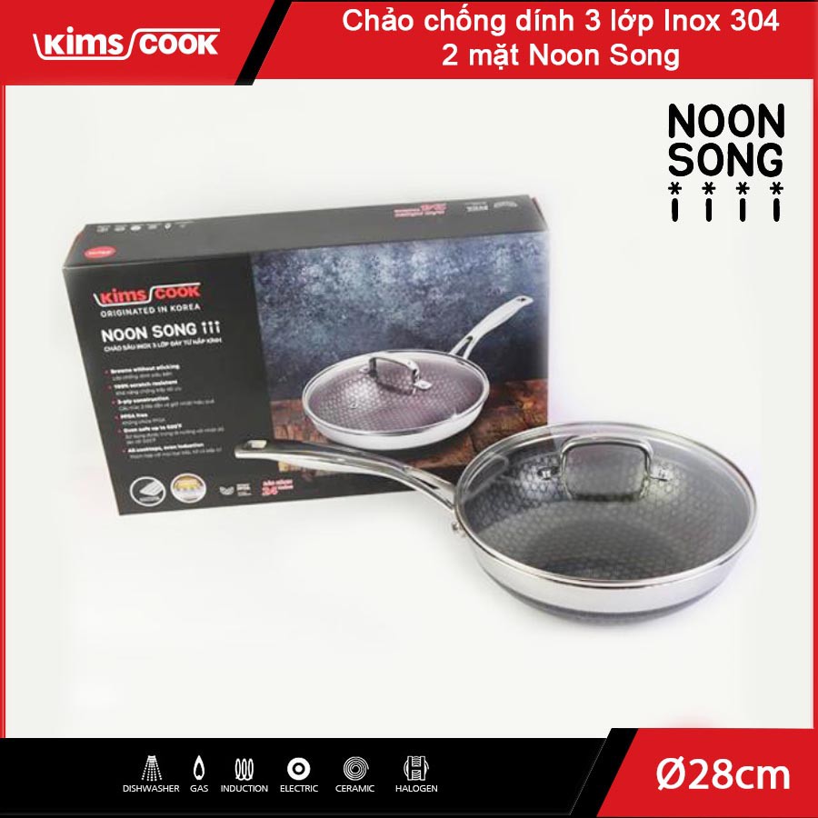 Chảo sâu lòng chống dính 2 mặt Inox 3 lớp đúc liền Kims cook Noon Song 28cm đáy từ - Hàng chính hãng, bảo hành 12 tháng