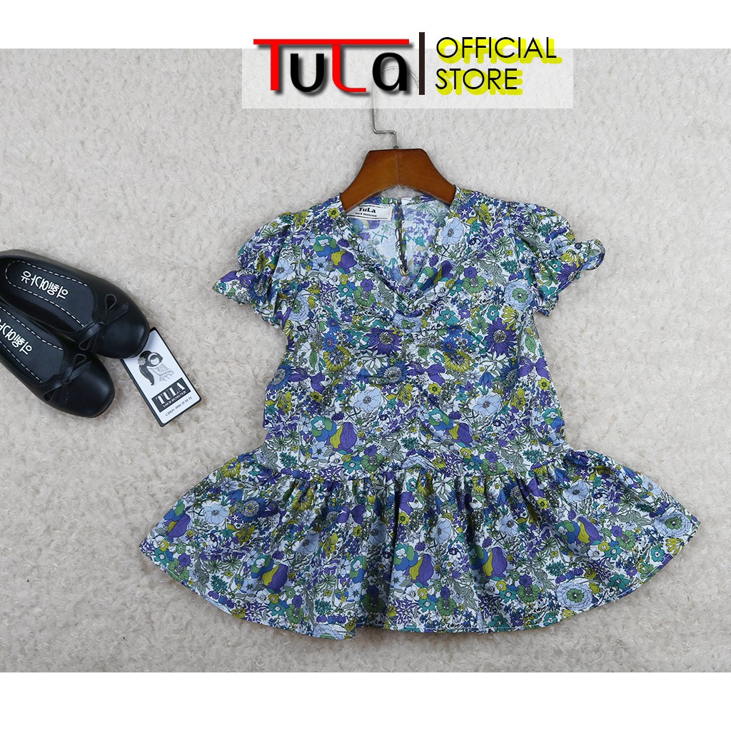 Váy Đầm Cho Bé Gái Họa Tiết Hoa Xanh Tím Cực Xinh Vải Thô Hàn Quốc