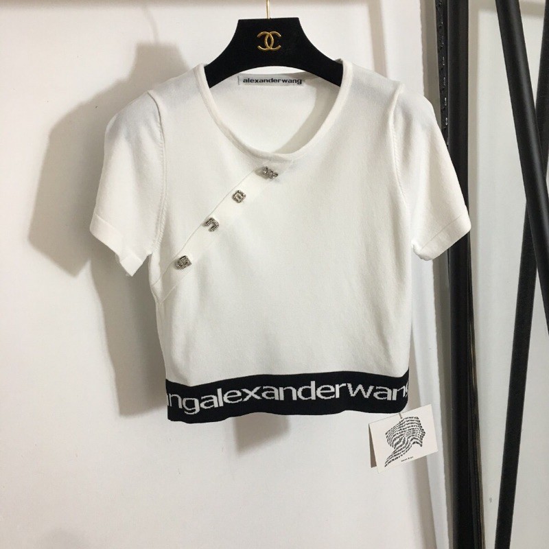 Áo phông len ngắn tay cổ tròn in chữ hoạ tiết alexander wang