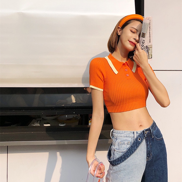 SUXI Áo Thun Croptop Dệt Kim Phối Nút Màu Tương Phản Kiểu Hàn Quốc Cá Tính
