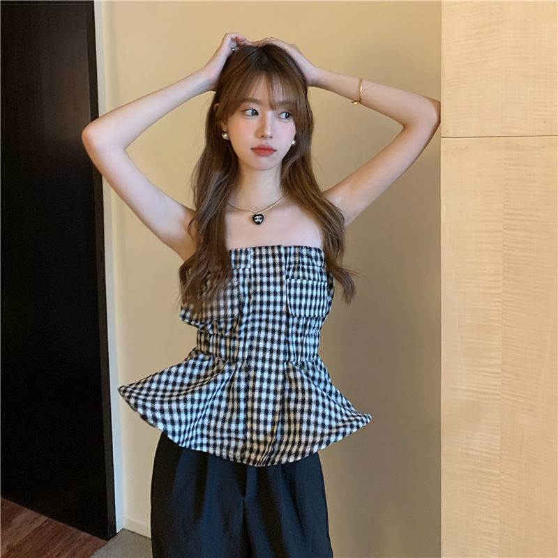 Áo Hai Dây Họa Tiết Sọc Caro Thời Trang Mùa Hè Cho Nữ