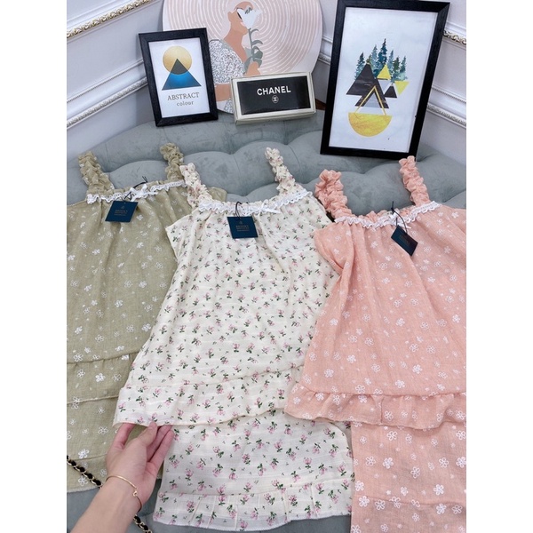 bộ đũi hoa nhí dây bèo phối ren ngực bộ nữ mặc ở nhà | BigBuy360 - bigbuy360.vn