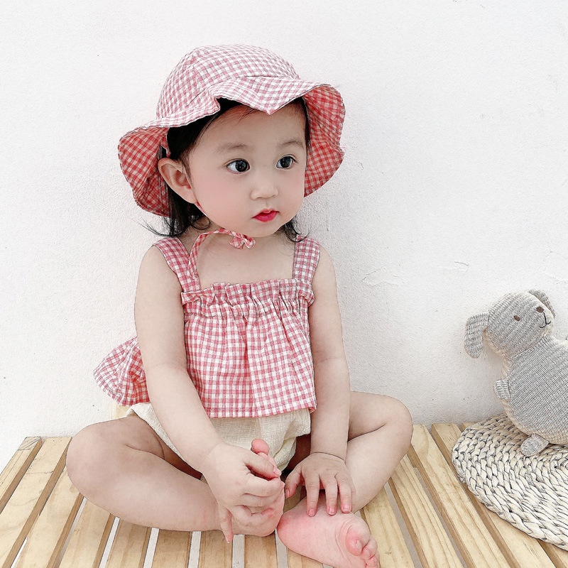 Bộ Áo Liền Quần Hai Dây Thoáng Khí Họa Tiết Sọc Caro Phong Cách Hàn Quốc