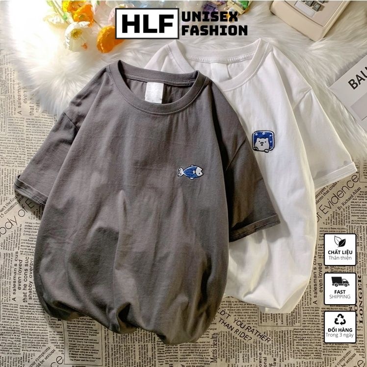 Áo phông nữ form rộng thêu con cá và con gấu, áo thun nữ tay lỡ HLFashion
