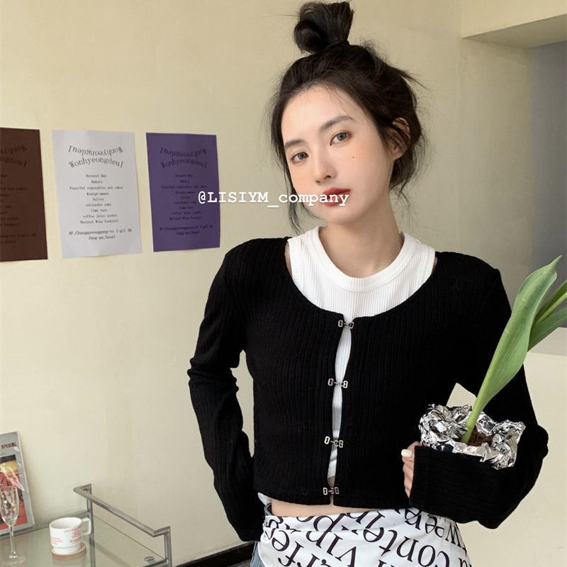 ANTUSON Áo Cardigan Dệt Kim Mỏng Dáng Ngắn Tay Dài Màu Đen Thời Trang Mùa Xuân 2023 Dành Cho Nữ