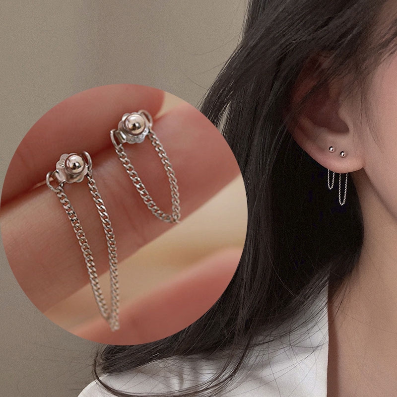 Exquisite earrings Bạc Dang Chuỗi Bông Tai Silver Dangle Chain Stud Earring Jewelry