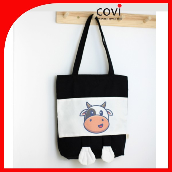 Túi vải tote, vải canvas, vải bố Hàn Quốc phối hình in con bò 2 chân thời trang COVI nhiều màu sắc T20