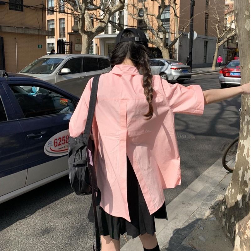 Áo Sơ Mi Ngắn Tay Dáng Rộng Xẻ Lưng Thời Trang Mùa Hè Dành Cho Nữ