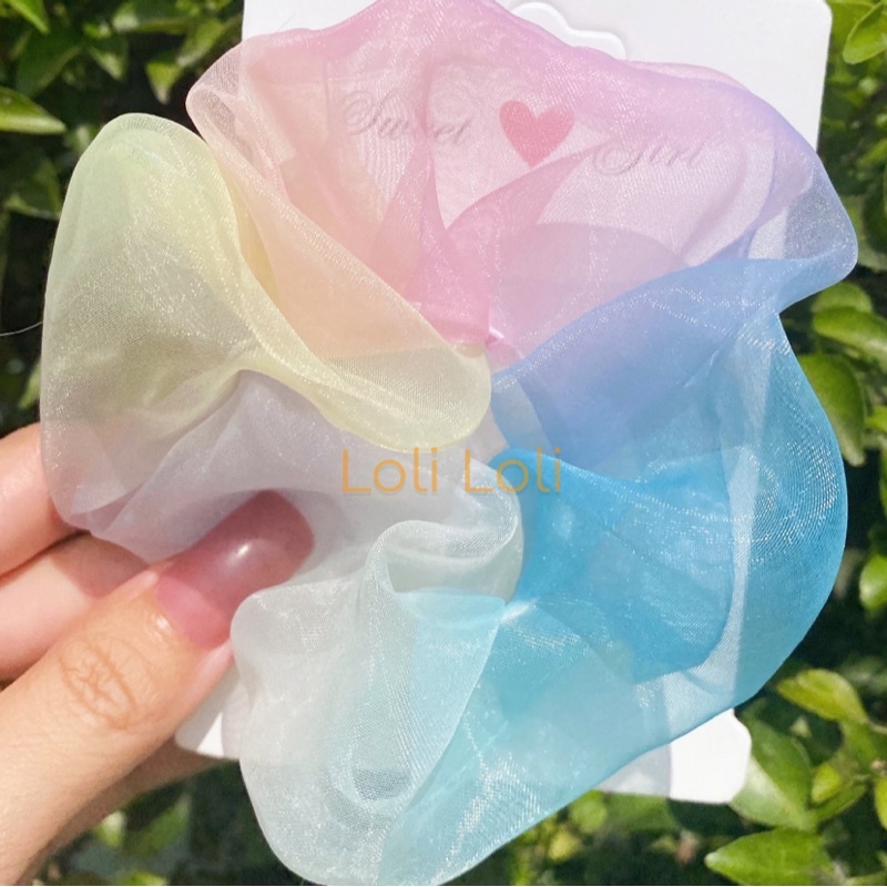 Scrunchies buộc tóc cầu vòng ánh kim lấp lánh cao cấp