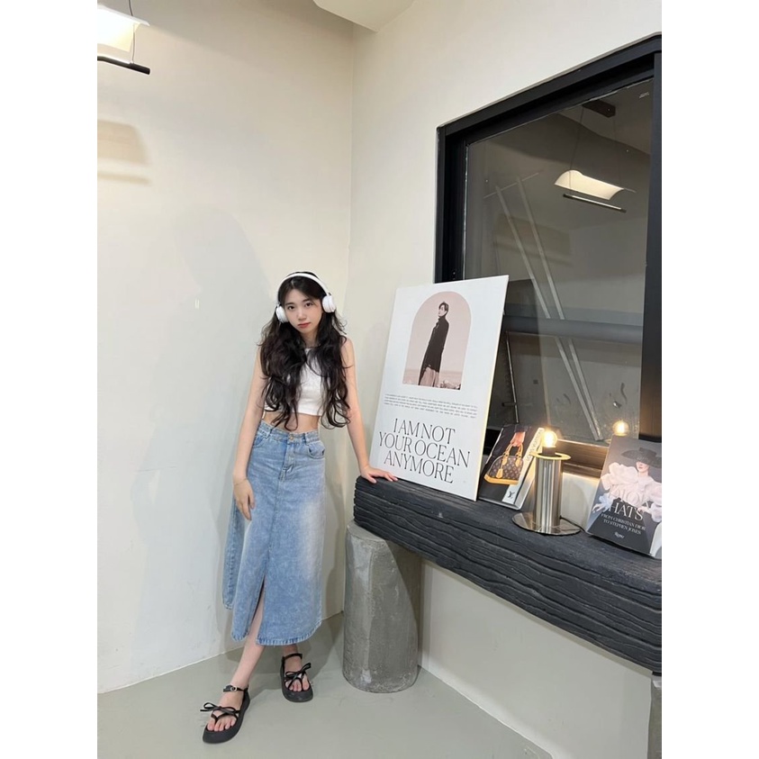 Chân Váy Bò Dáng Dài Cạp Cao Phong Cách Hàn Quốc - Chân Váy Jean Chữ A Xẻ Tà Sau Cá Tính