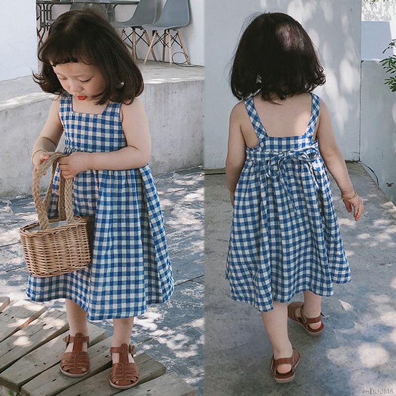 Đầm Hai Dây Kẻ Ca Rô Cho Bé Gái