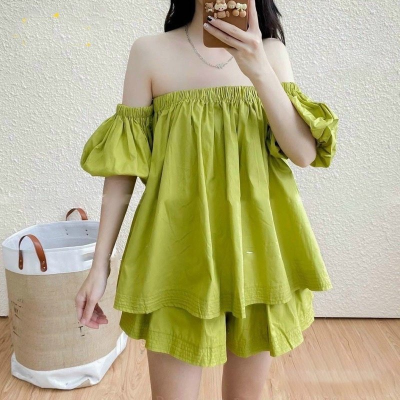 SQ016 Set áo trễ vai quần short ngắn nữ hè thu Bộ quần áo bở vai cổ chun quần cộc đùi trắng nâu xanh bơ cốm nữ tính hot