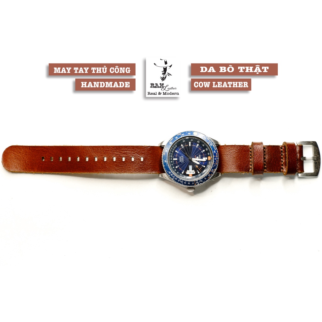 Dây đồng hồ RAM Leather vintage nato da bò màu nâu đỏ