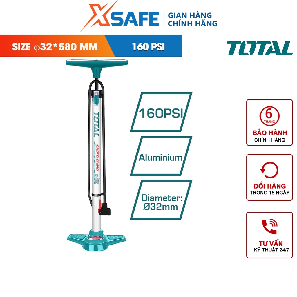 Ống bơm hơi xe TOTAL TMPP3201,tay cầm bằng nhựa hai màu, đầu phù hợp với Schrader, Presta, Dunlop - [CHÍNH HÃNG][XSAFE]