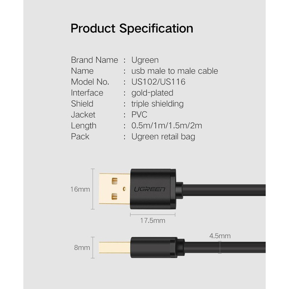 Cáp USB 2.0 Ugreen 10308 hai đầu đực dài 0,5m chính hãng - Hapu Shop