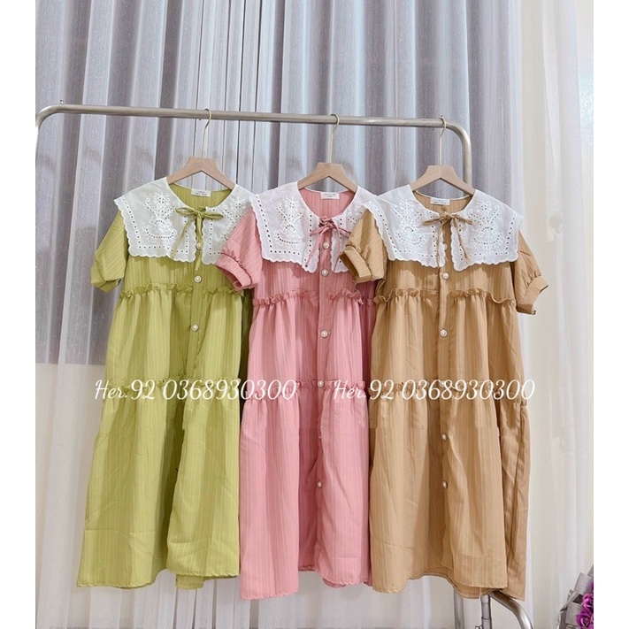 Đầm Babydoll Cổ Phối Ren Siêu Xinh, Đầm Bầu Xinh Nút Ngọc
