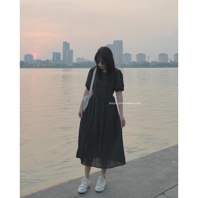 Váy babydoll dài Chấm Bi nhí, váy babydoll dài Hàn Quốc Bazic one
