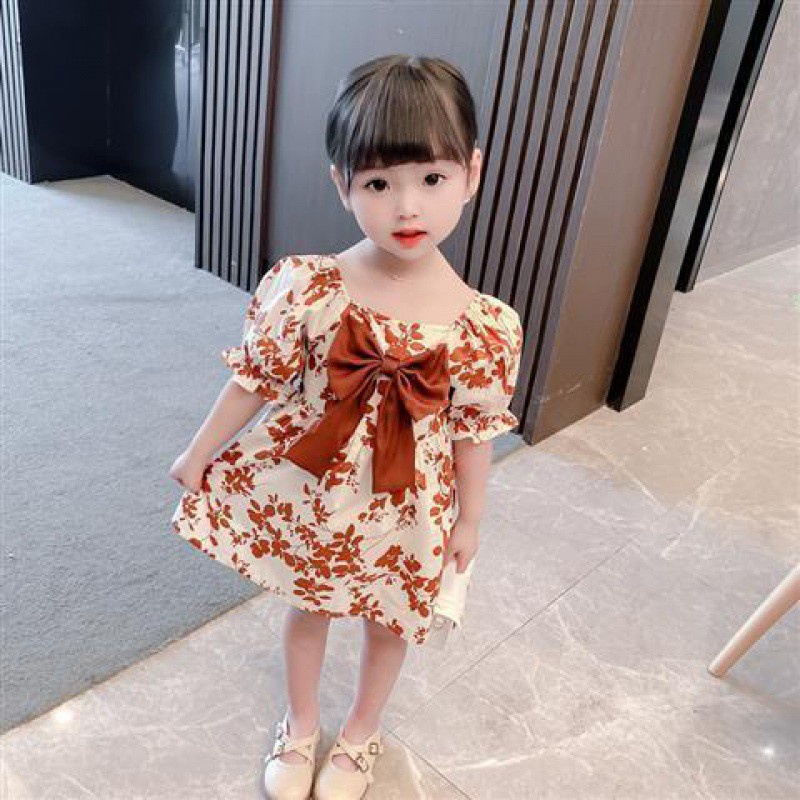 Váy đầm cho bé gái công chúa dáng xòe hoa cam tay bồng cao cấp đính nơ xinh xắn AB7002