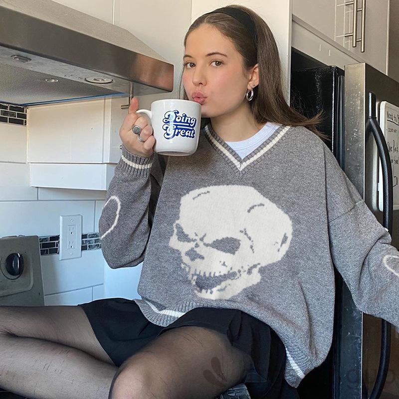 Áo Sweater Nữ Tay Dài Dáng Rộng Cổ Chữ V Thời Trang