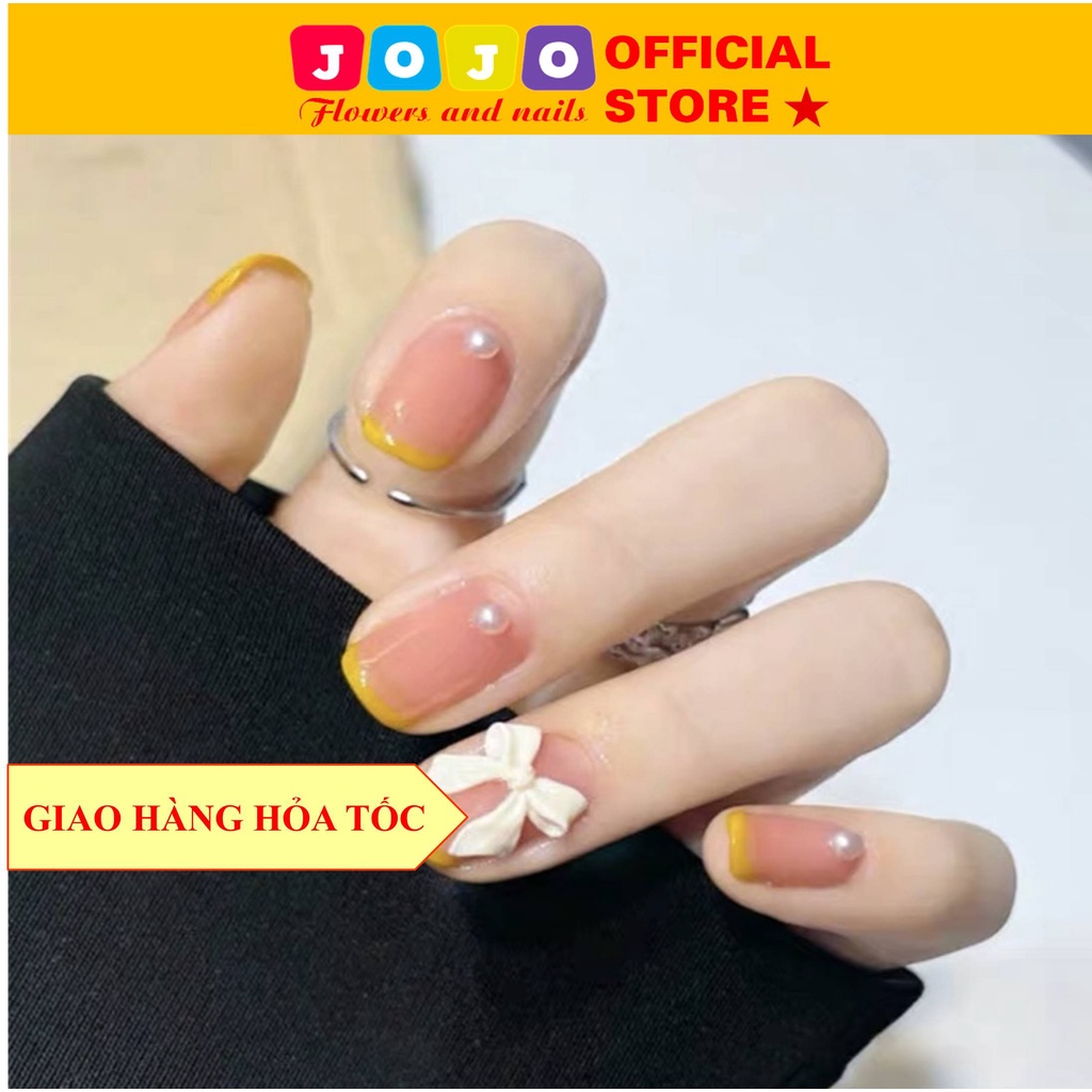 Set 24 móng tay giả đính nơ 3D Jojo Z68 mầu hồng tiểu thư kèm ngọc trai sang trọng, móng giả đính nơ 3D đẹp làm nail