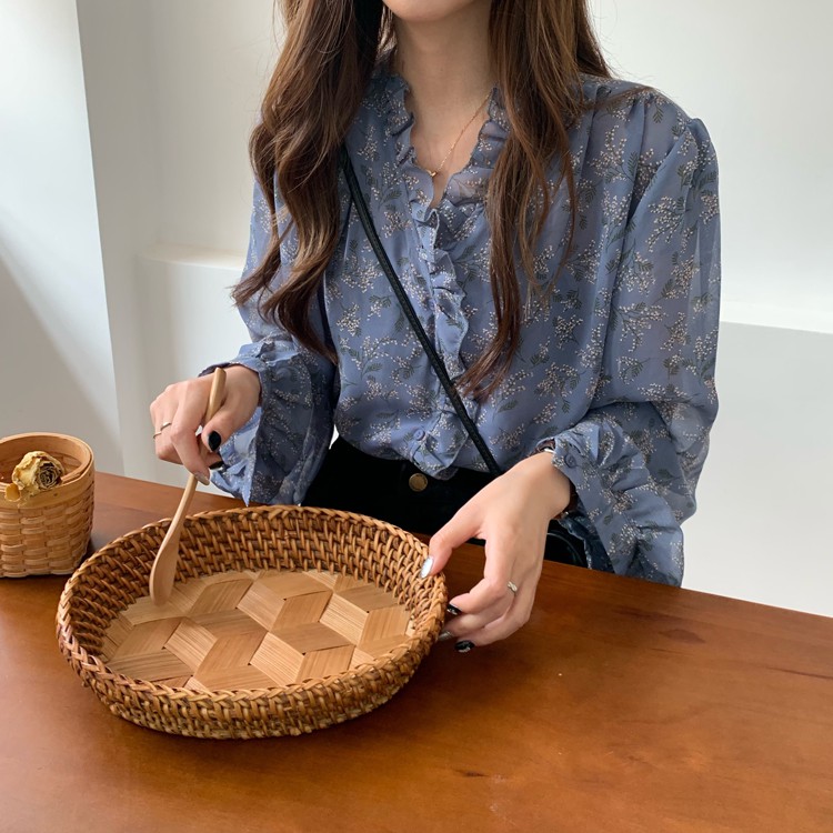 Kumivn áo sơ mi voan hoa nhí tay bo phối bèo style Hàn Quốc