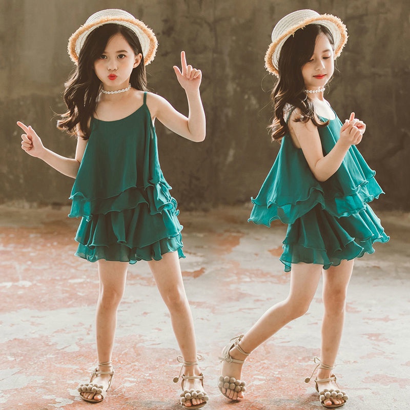 Bộ Đầm Hai Mảnh Hai Dây Công Chúa Vải Voan Dành Cho Bé Gái Từ 3-13 Tuổi
