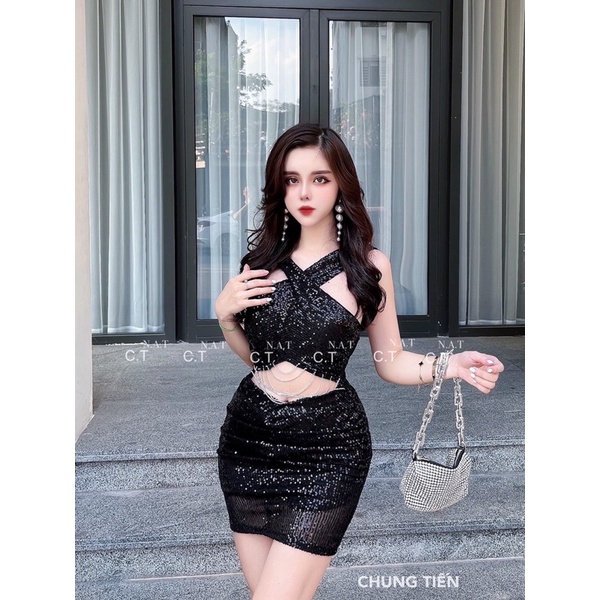 Váy dự tiệc kim sa bling chéo cổ khoét eo