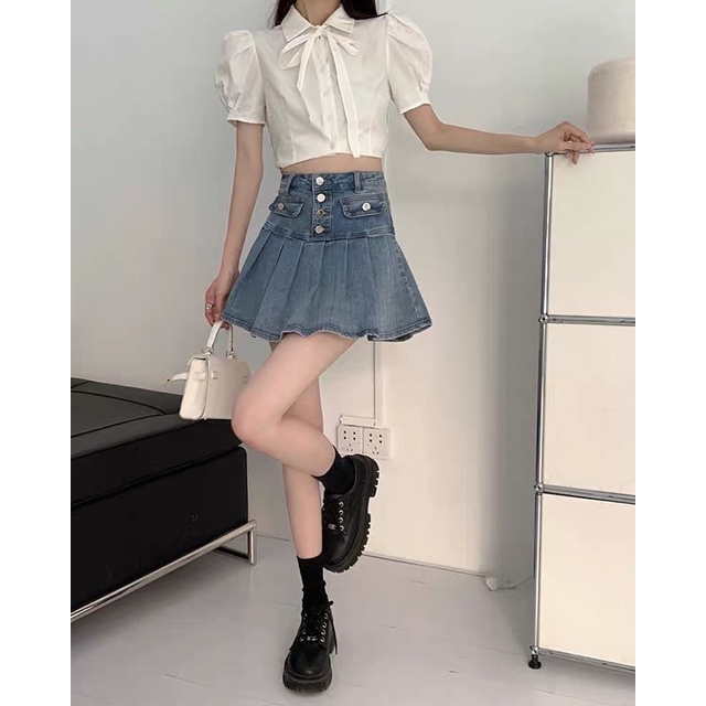 VÁY JEANS LƯNG CAO XOÈ XẾP LY CÓ QUẦN