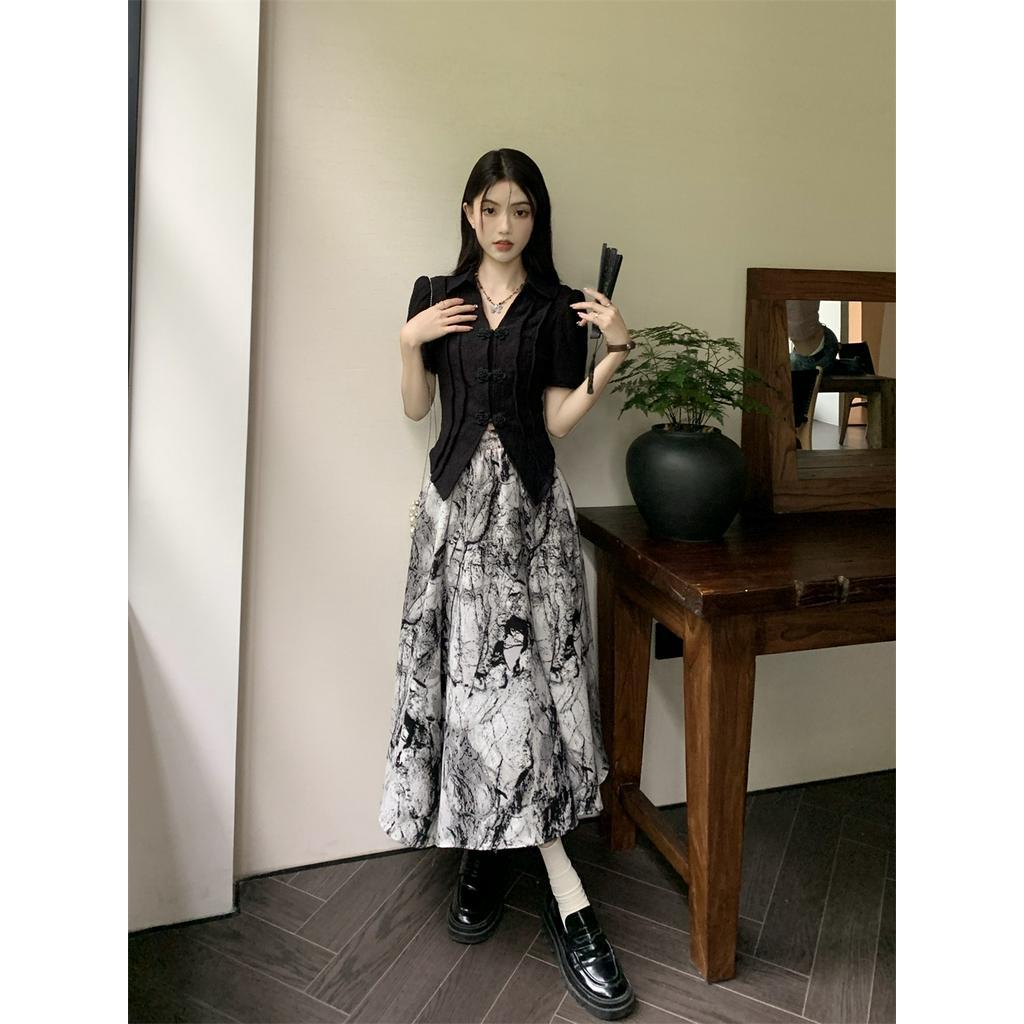 Đầm Sơ Mi Cổ Mép Lật Eo Cao Ngắn Tay Phong Cách Retro 63360