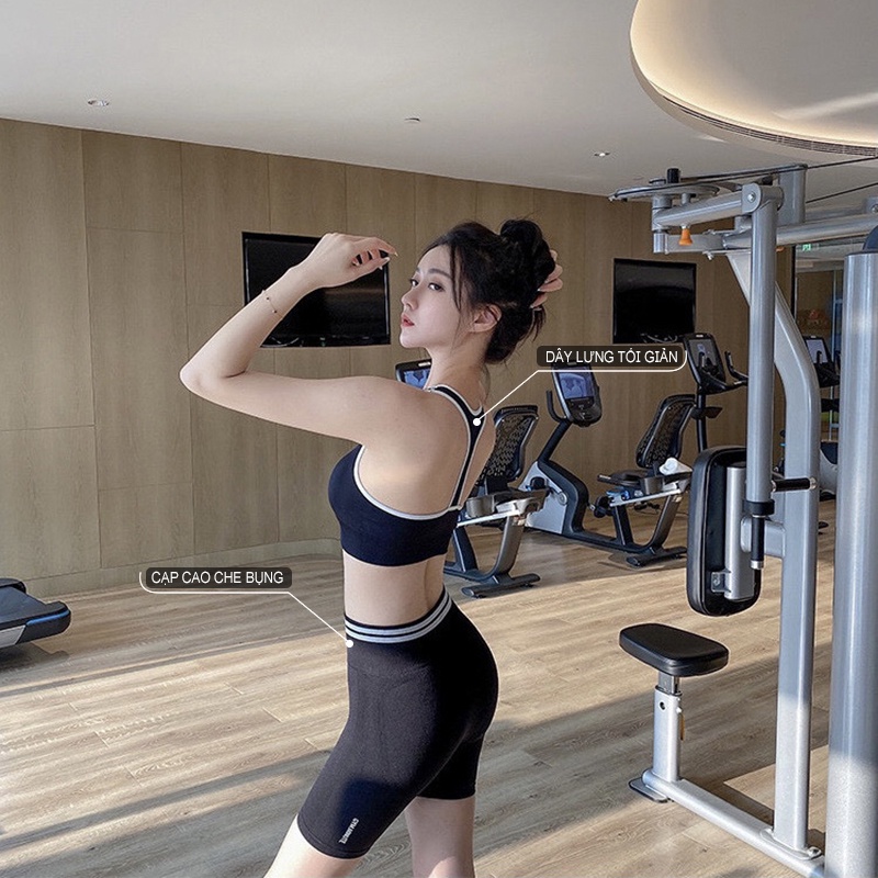Bộ quần áo tập gym yoga nữ áo bra có mút ngực quần legging lửng nâng mông siêu đẹp CẠP kẻ