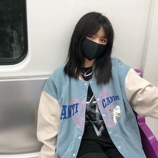 (Có sẵn) Áo khoác bomber bóng chày chất nhung tăm thêu hình bone heart màu xanh pastel Hàn 2 lớp loại đẹp (ảnh thật)