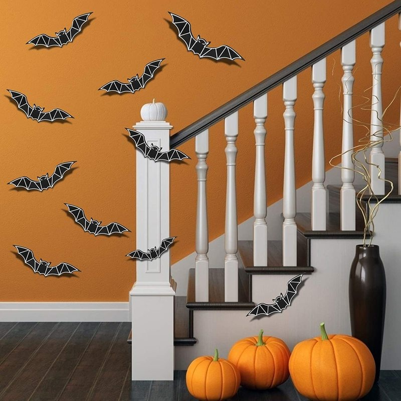 Set 12 Sticker Dán Tường Hình Dơi Đen Phát Quang Trang Trí Halloween