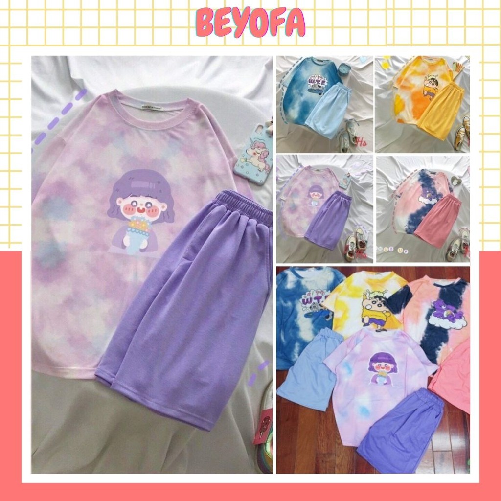 Set Đồ Nữ Hoạt Hình Cộc Tay Mặc Ở Nhà - Bộ Quần Áo Ngủ In Hình Shin Màu Loang Ngắn Tay Nhiều Màu