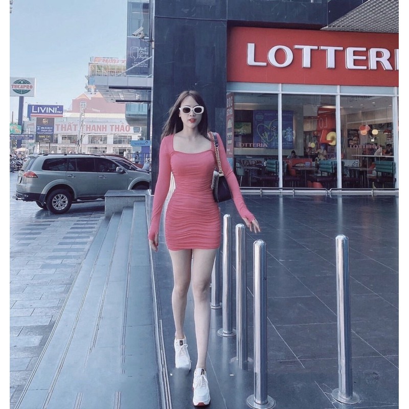 ĐẦM BODY,ĐẦM BODY NHÚN CỔ VUÔNG TAY DÀI